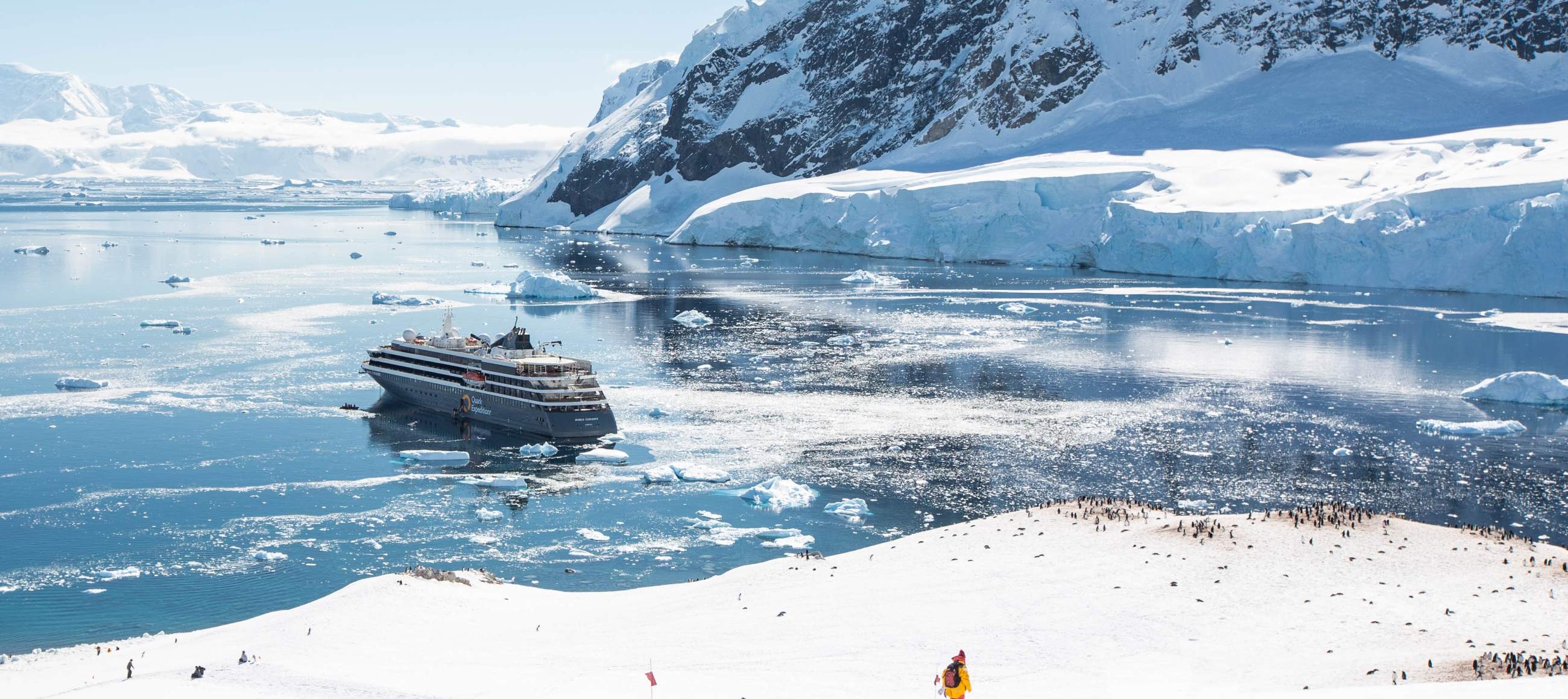 World Explorer at Neko Harbour, Antarctic Peninsula. 